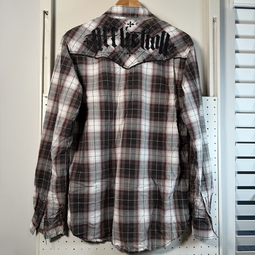 Affliction Shirt Men's Plaid Embroidered Back Logo Western Yoke‎ Gothic - Medium